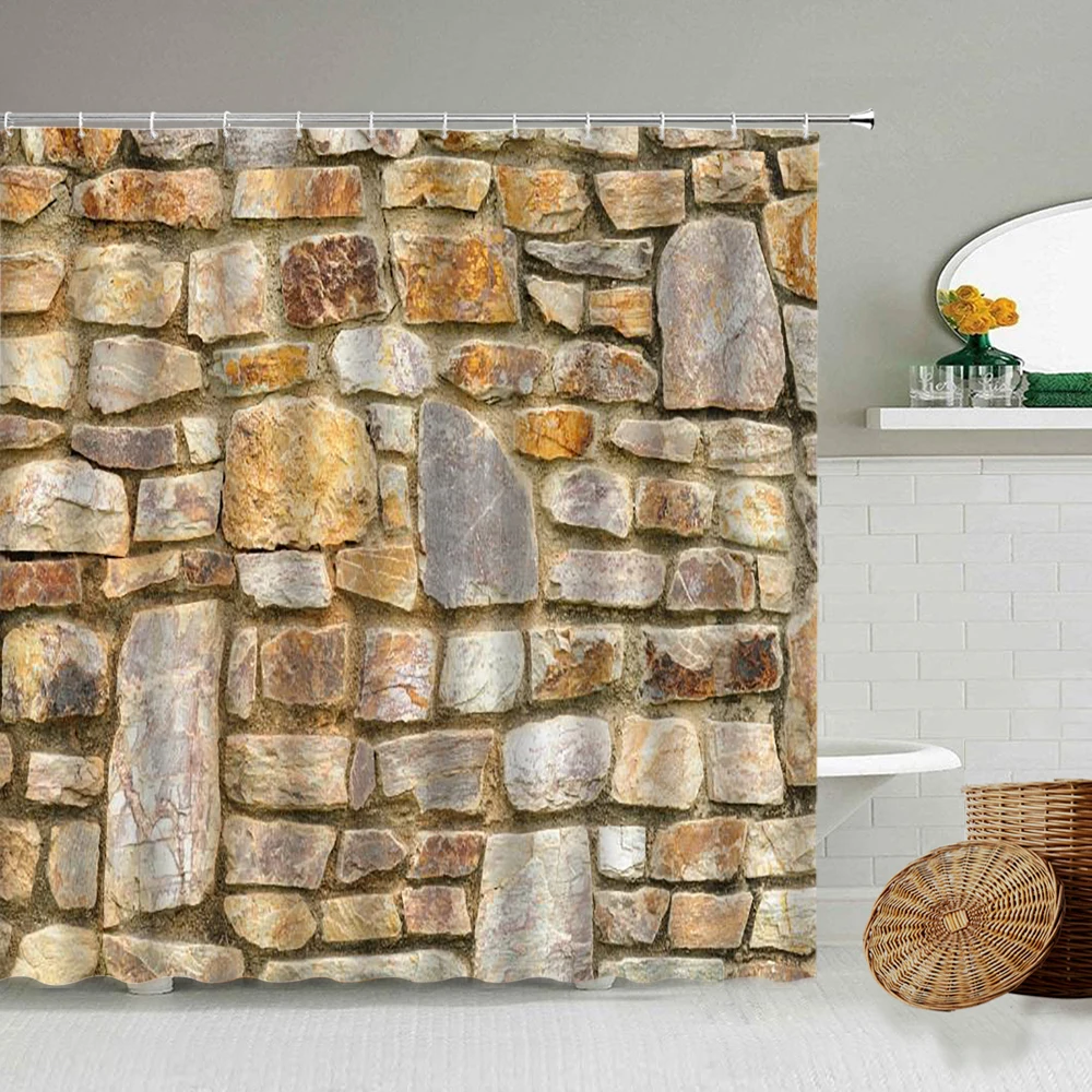 

American Country Old Brick Stone Wall Shower Curtain Retro Architecture Theme Bathroom Blackout Waterproof Polyester Curtains