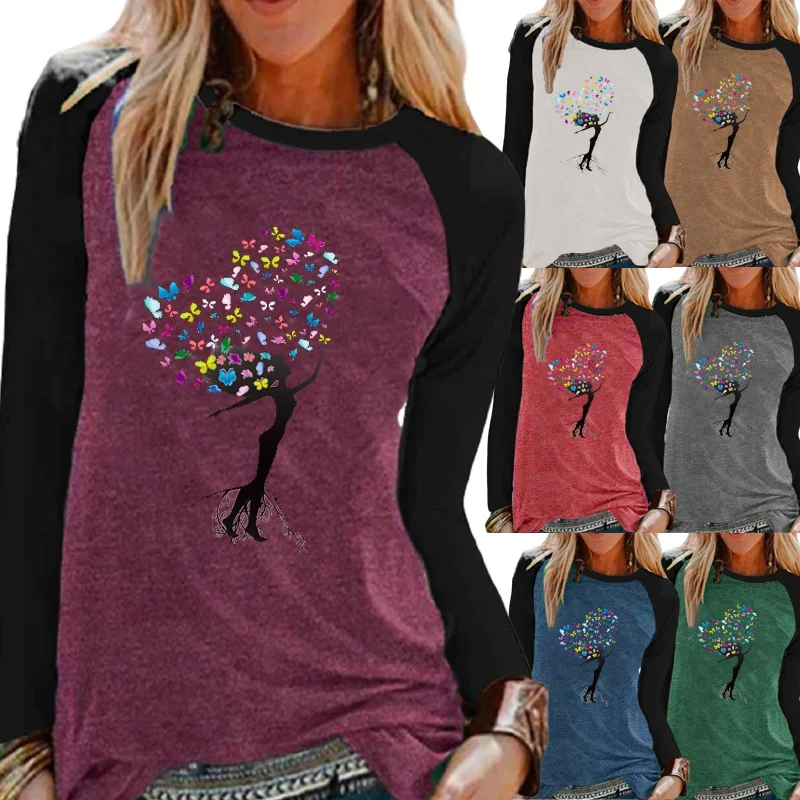 

Осенне-зимняя модная женская рубашка с принтом, футболка с графическим принтом, свободная Повседневная рубашка с круглым вырезом и длинным ...