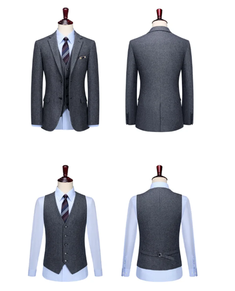 

2020 Dark Gray Mens Suits Wool+Cotton 3 Piece Notch Lapel Costume Homme Formal Men Suit Custom Made