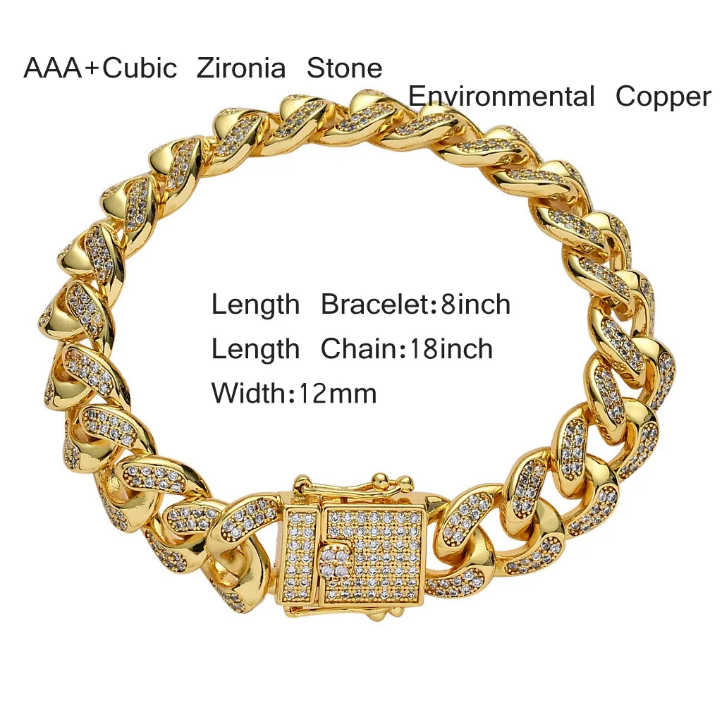 

HipHop 12MM Thick Cuban Iced Out Copper AAA Cubic Zirconia Stone 14K Real Gold Plating Chain Link Bracelet for Men Jewelry Gifts