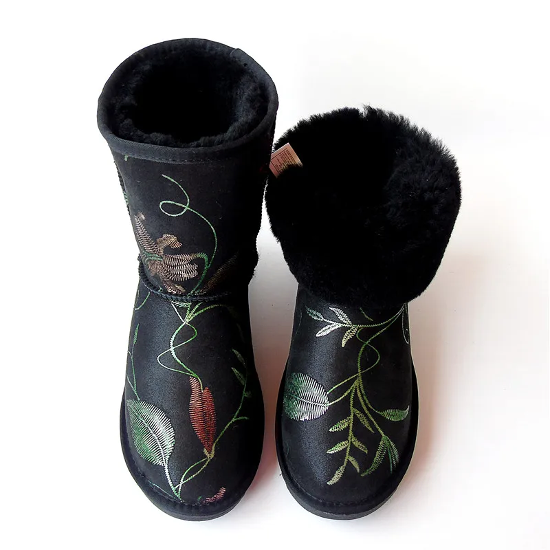 Женские зимние сапоги из овечьей шерсти G & Zaco черные до середины икры с вышивкой и