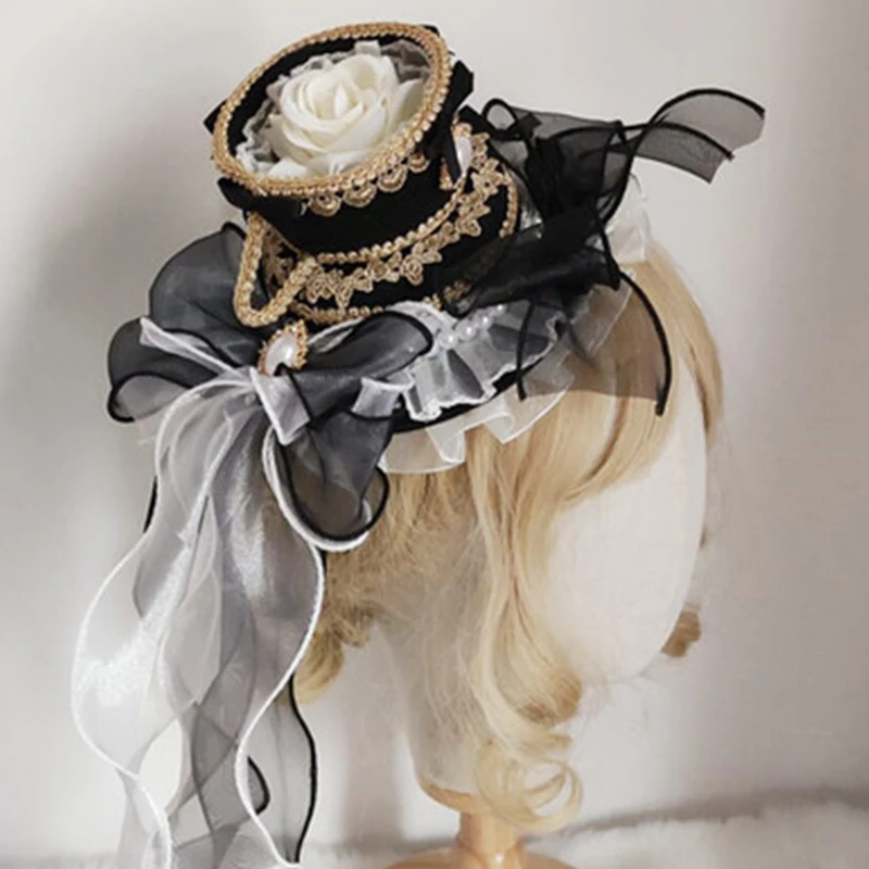 4 kolory Lolita okrągłe koronki z falbankami opaski na głowę z kokardką i perełką wisiorek cylinder Vintage przędza Royal Anime czapka Cosplay miękkie spotkanie przy herbacie Bonnet klips do włosów