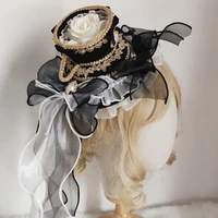 4colors lolita round ruffled lace bow pearl pendant top hat vintage yarn royal anime cosplay cap soft tea party bonnet hair clip