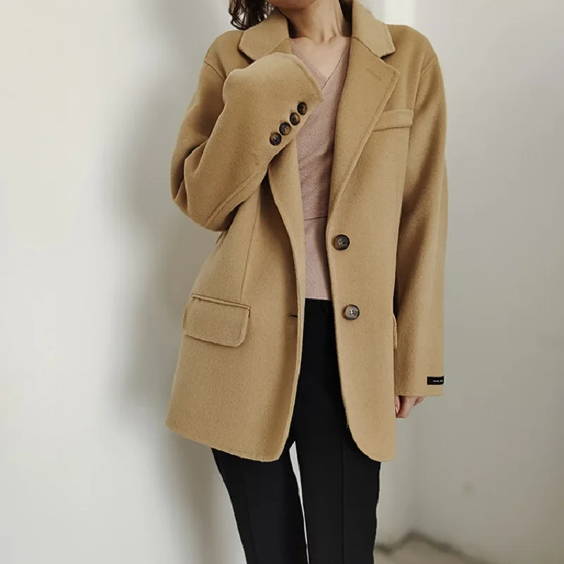 

2021 Black Coats for Women Winterwear Single Breasted Slim Solid Ladies Winter Jacket Button Turn Down Collar Cashmere Overcoat