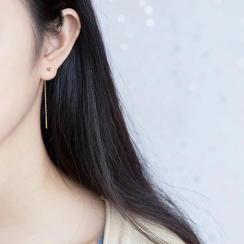 

925 Sterling Silver Japanese and Korean style simple bead Earrings Gold Silver ball beanie ear chain Earrings Fashion Jewelry