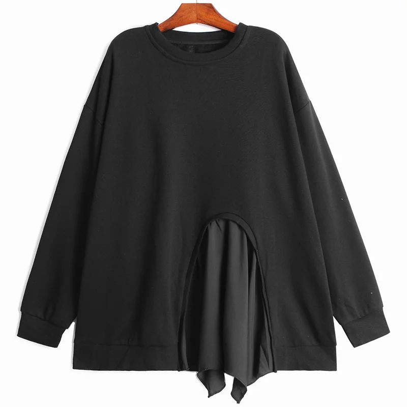 

Women Gray Irregular Brief Casual Big Size T-shirt New Round Neck Long Sleeve Fashion Tide Spring Autumn 2021 N212