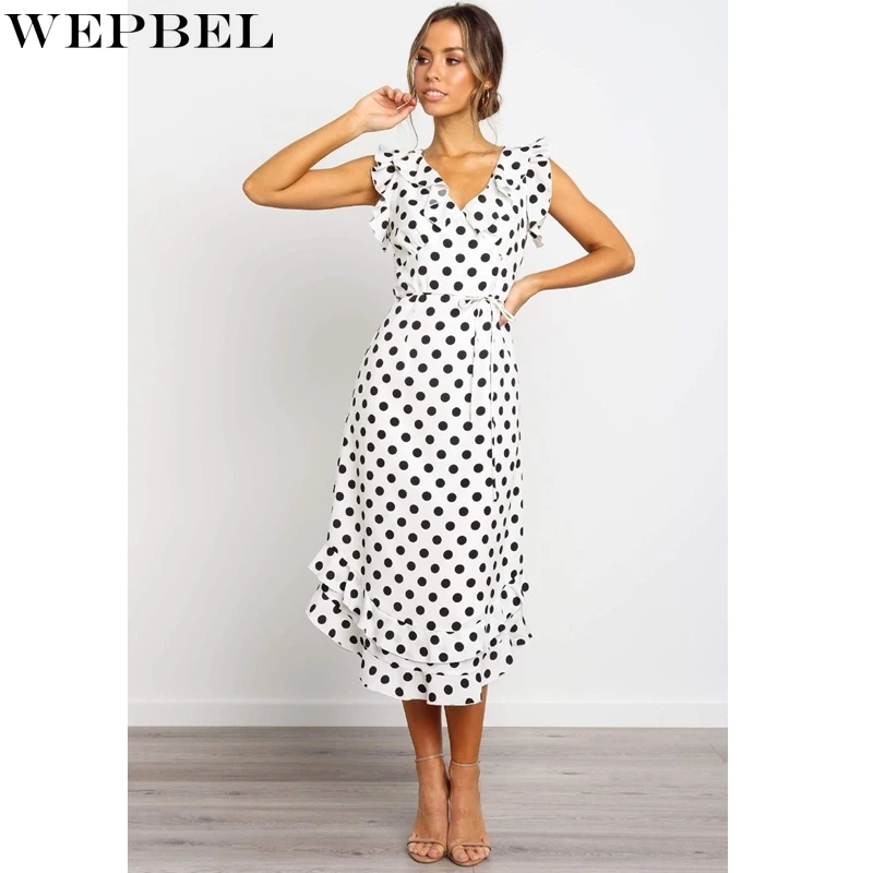 

WEPBEL Dress Women's Sexy Ruffled Stitching Sleeveless V-neck Dress Summer Fashion Dotted Prints Slim High Waist Dress