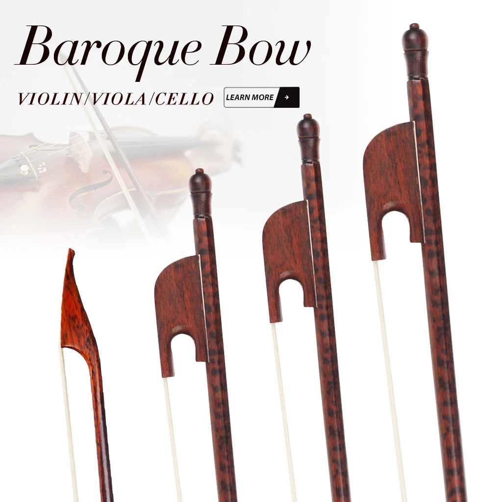 NAOMI 2pcs Baroque Style Snakewood 4/4 Full Size Violin/Cello 15/16 Viola Bows Natural Horsehair Straight Stick Fast Response