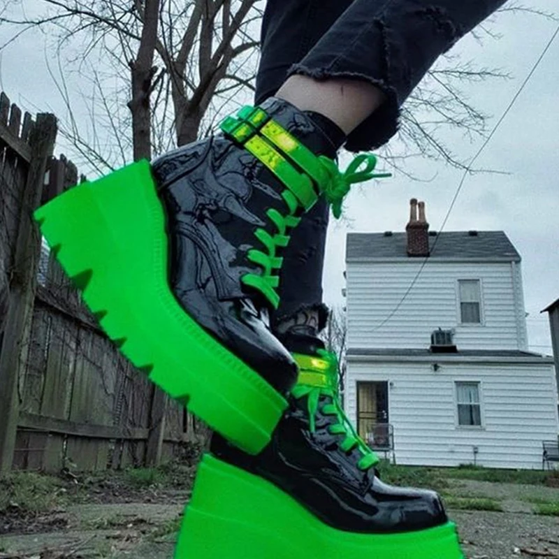 

Gothic New Women Boots Green Platform Ankle Boots Halloween Party Fluorescent High Heels Fashion Wedge Zip Woman Shoes Big Size