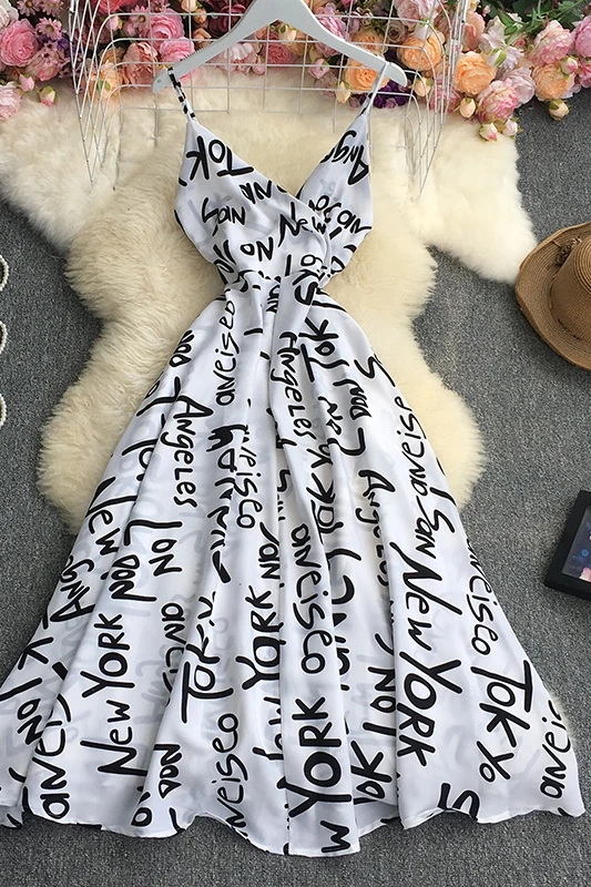 

2021 New Summer Fashion V-neck sleeveless off shoulder Dress high waist pleated letter print mid-length A-line Dress