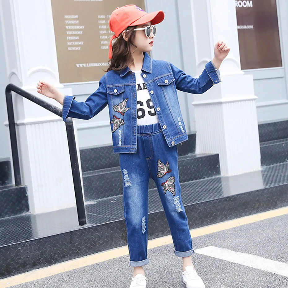 Комплект одежды для девочек куртка с вышитой птицей + джинсы 2 предмета детская