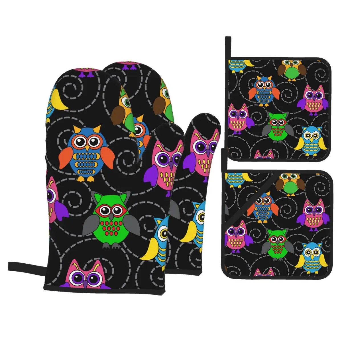

4 Pieces Polyester Kitchen Cooking Microwave Gloves Curls And Cartoon Owls Baking BBQ Potholders Oven Mitts