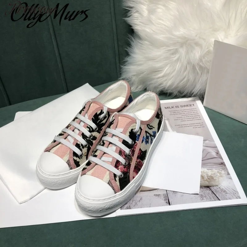 

Women Embroidery Flats Sneakers Brand Luxury Canvas Casual Shoes Ladies Designer Lace Up Print Korean Fashion Replica Shoes Logo