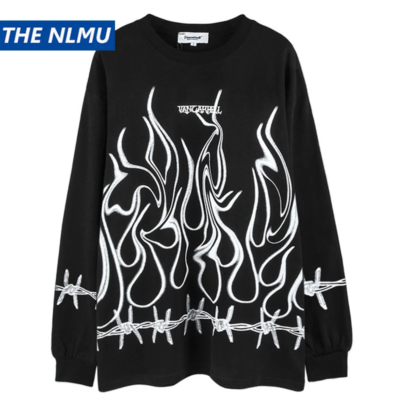 

Men Long Sleeve T Shirt Hip Hop Streetwear Painting Fire Printed T-Shirt 2022 Spring Harajuku Cotton Oversize Tops Tees WE448