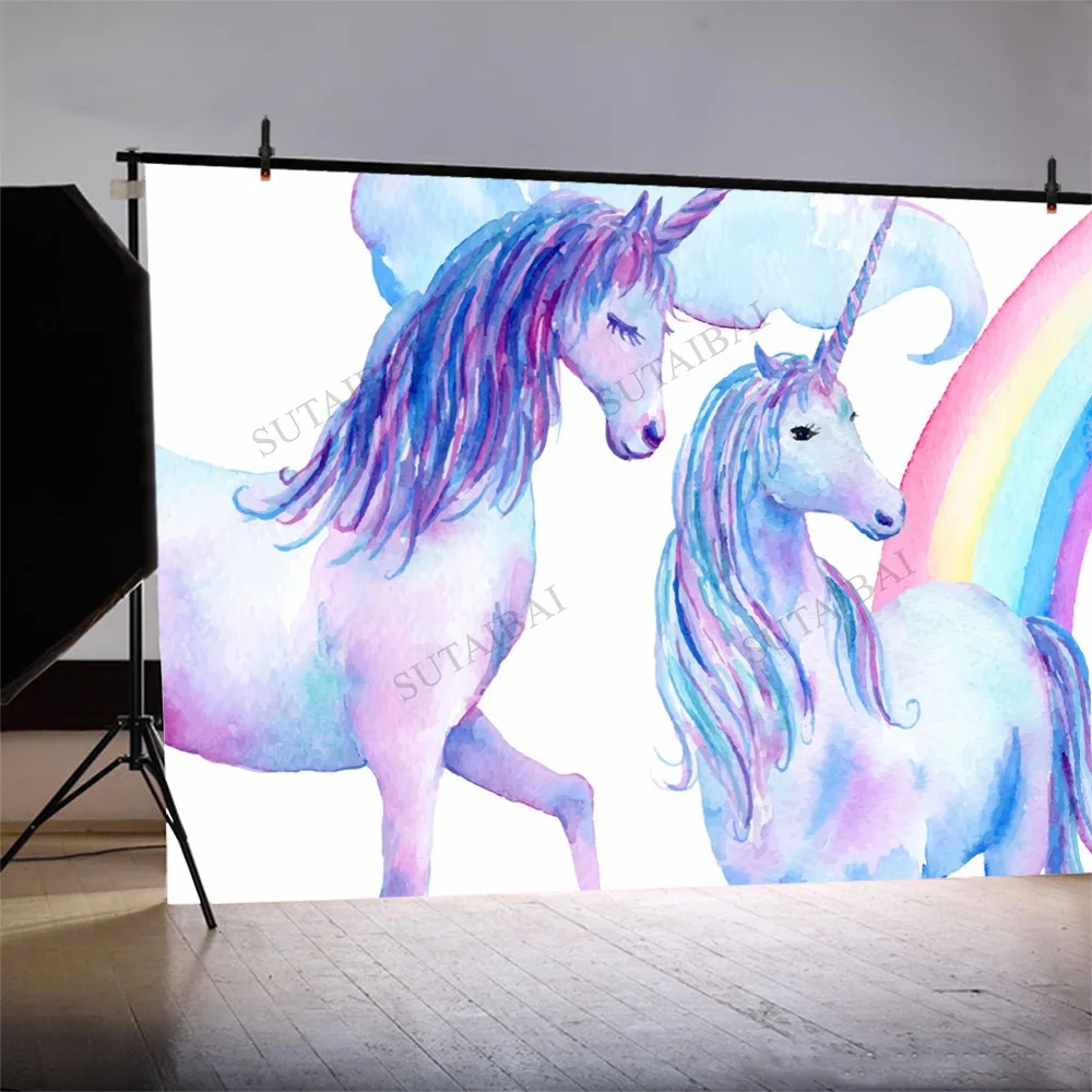 

Unicorn Backdrops Photography Rainbow Star Cloud Birthday Party Poster Child Watercolor Photo Background For Studio Photocall