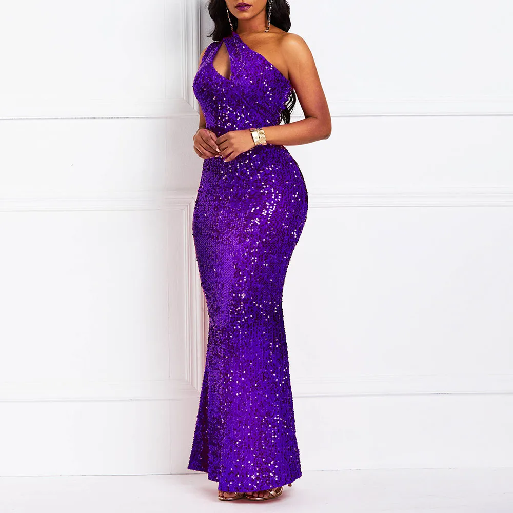 

Sequins Maxi Women Party Elegant Sexy Evening Dress One Shoulder Designer Long Evening Dresses Purple Fashion Robe Plus Size