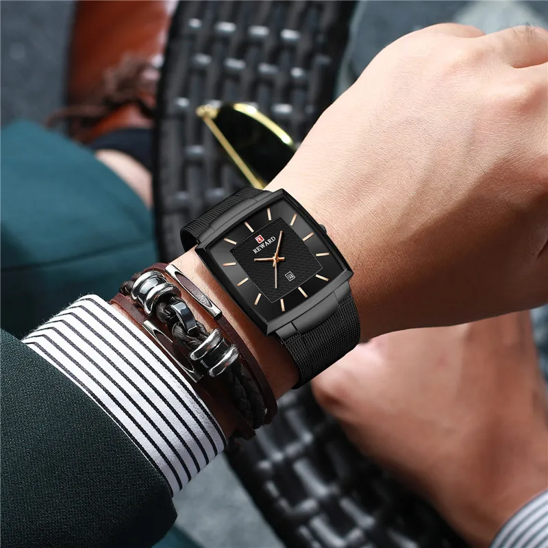 Новинка 2019 модные квадратные мужские наручные часы ультра-тонкие светящиеся с