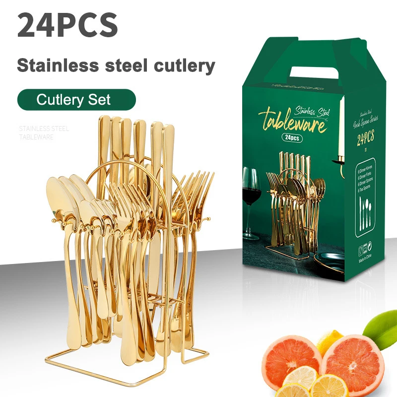 

24 шт./компл. роскошный набор посуды из нержавеющей стали с полкой для хранения подарочная коробка нож вилка кофейные ложки кухонный обеденн...