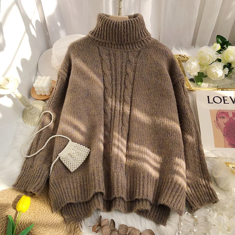 

Autumn Winter 2021 New Fashion Gray Turtleneck Sweater Women Loose Retro Twist Inner Thick Knit Sweater KK1442