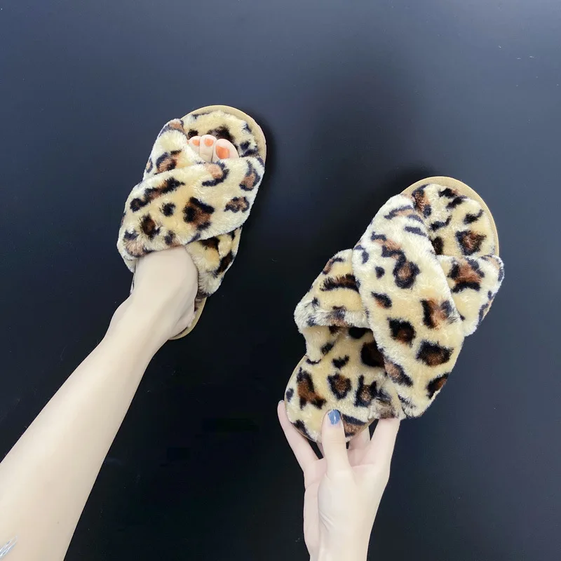 

Leopard Furry Slippers Women's Fur Slides Girls Winter Home Shoes Ladies House Fluffy Slipper Leopard Slides Big Size 42 43