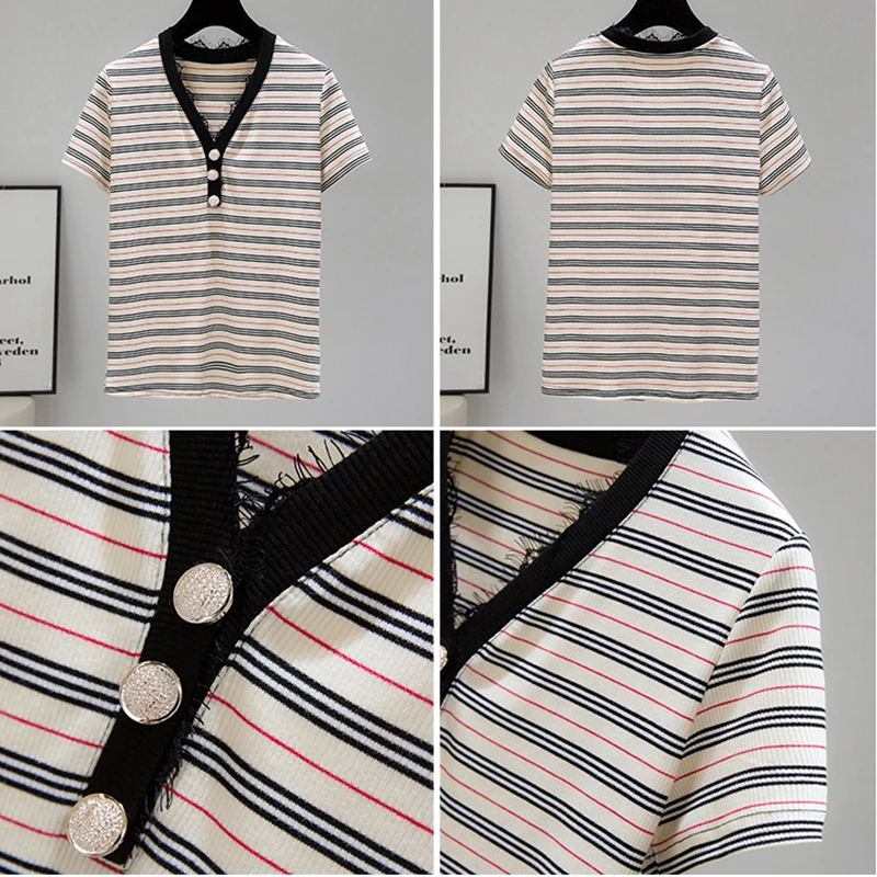 

LJSXLS New Lace Button V-Neck T Shirt Women Summer Striped Short Sleeve Women's T-shirt Black Casual Korean Fashion Top Femme