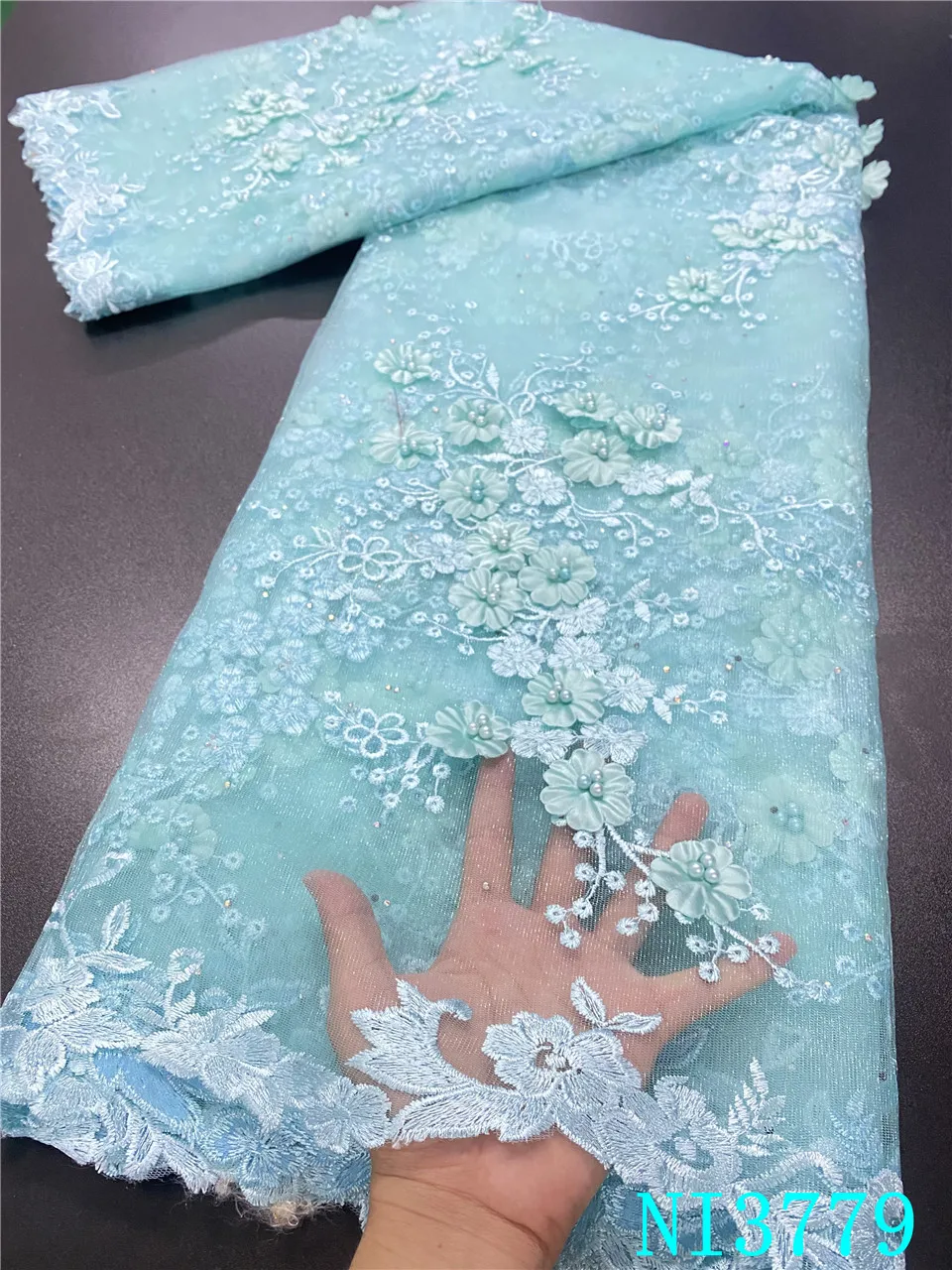 

Nigerian Net Laces Fabrics with Beads High Quality African Tulle Lace Fabric for Party Wedding Dress French Mesh Lace NI3779-1