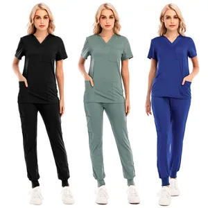 Women Blouses Short Sleeve Tops+pants Nursing Working Uniform With Pocket Set V-neck Shirt Overalls For Women Nursing Clothes