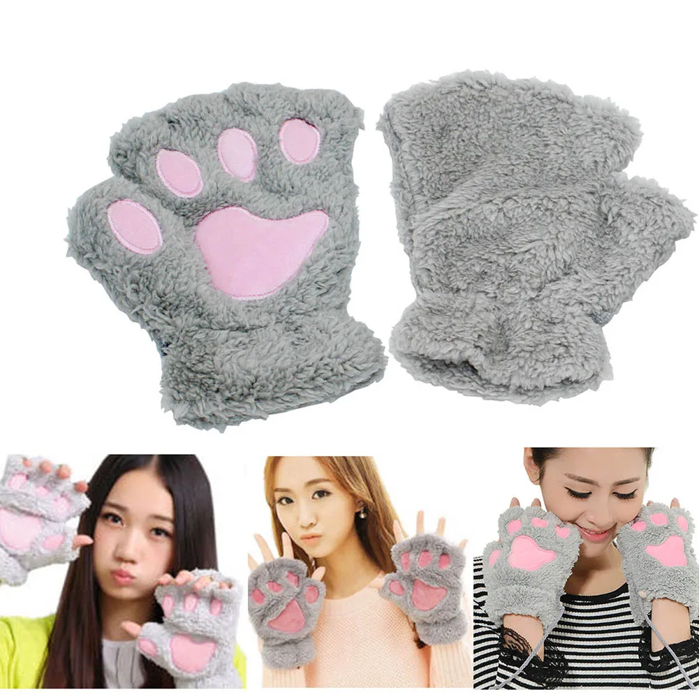

Hot 1 Pair Winter Women Ladies Girls Lovely Gloves Plush Warm Mittens Cute Cat Paw Short Fingerless Half Finger Glove