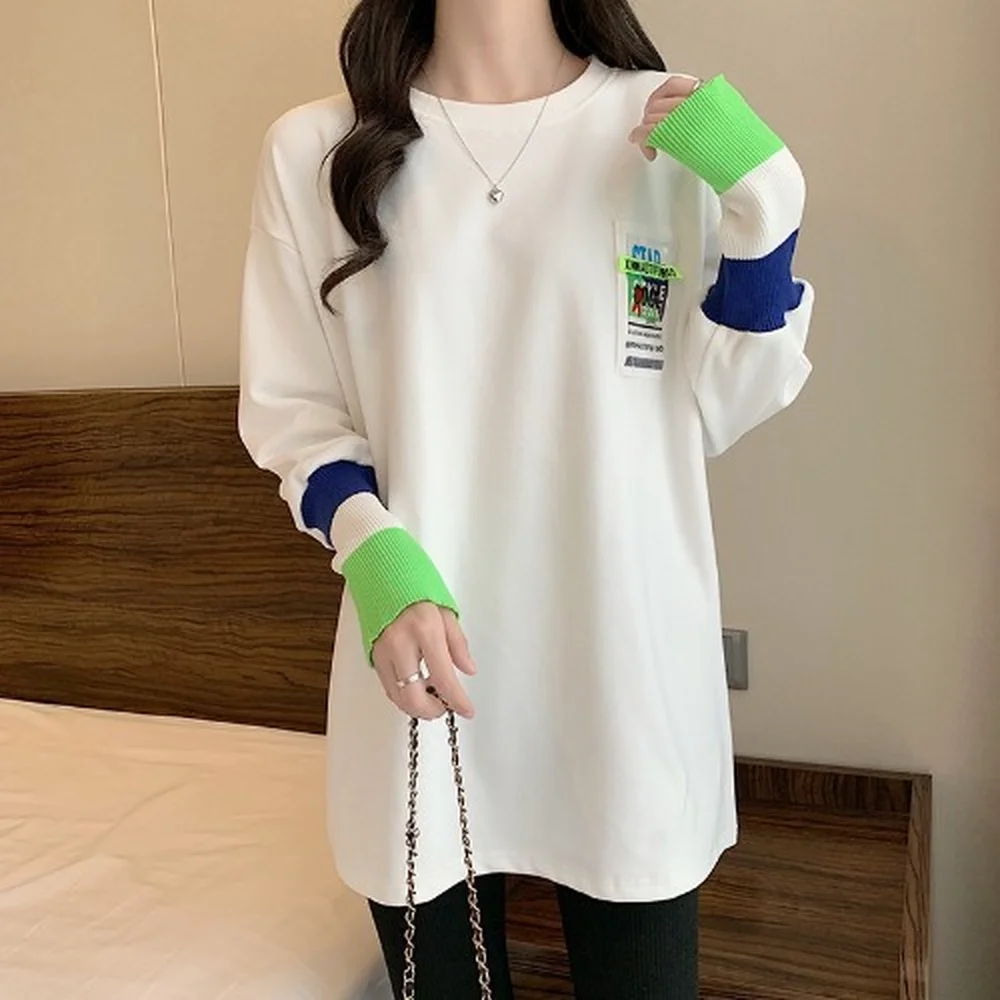 

Fashion Women's Loose Plus Size T-shirt Round Neck Solid Color Letter Printing Long Sleeve Oversized T-shirt Crop Top Donsignet