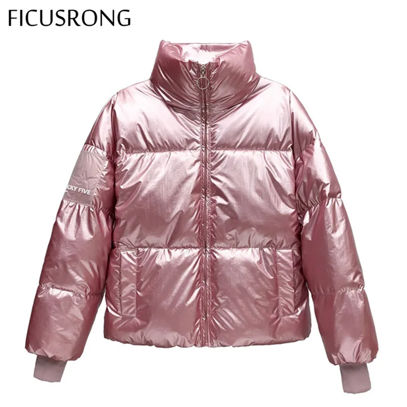 FICUSRONG модные однотонные розовые глянцевые женские зимние куртки, пальто, теплые плотные женские пальто с воротником-стойкой, пуховая парка с воротником-стойкой