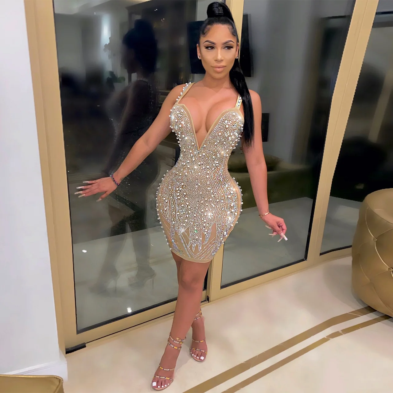 

Women's Clothing With Free Shipping Deep V Neck Sequins Tasse See Through Evening Night Club Party Dresses For New Year 2022