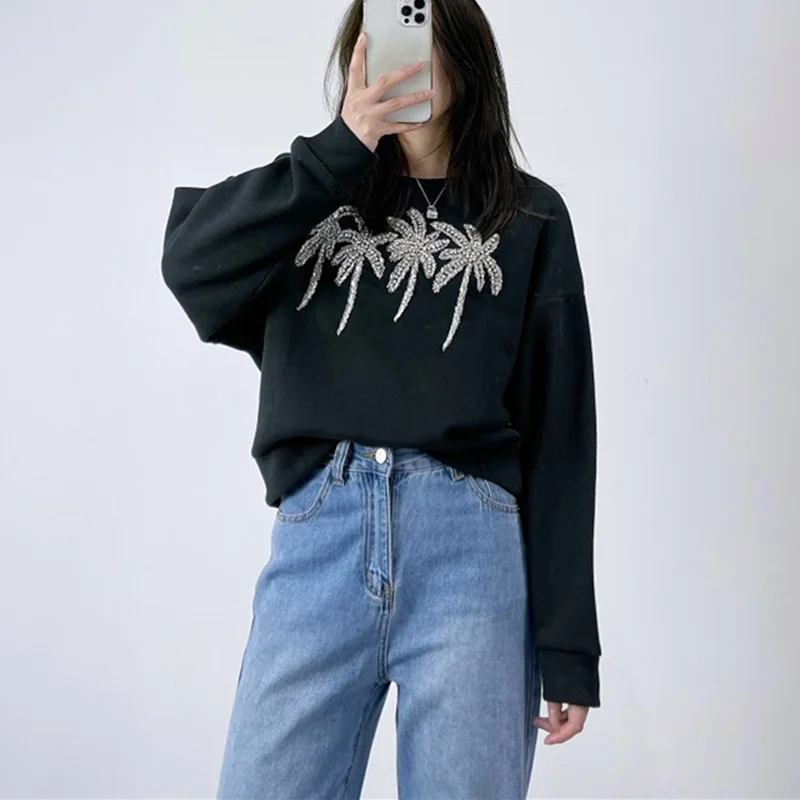 

Coconut Beaded Women's Black Sweatshirts 2021 Autumn O-Neck Ladies Long Sleeve Loose Casual Jumper Pullover Tops