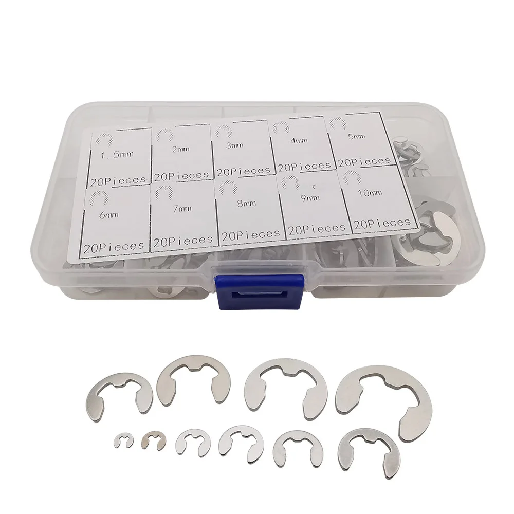 

200 шт. Нержавеющая сталь 304 E набор шайб с зажимом стопорное кольцо внутреннее внешнее стопорное кольцо 1,5-10 мм для крепления вала