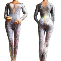 sparkly pearls rhinestones bodysuit women long sleeve jumpsuit nightclub show stage wear singer performance jazz dance costume