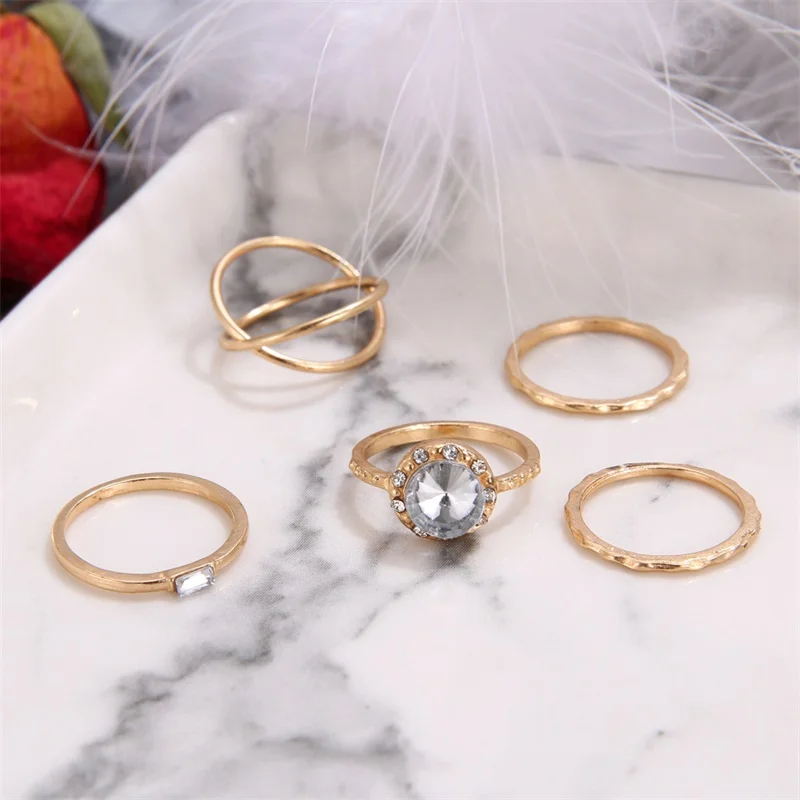 DAXI 5PCS / Set Of Gold Crystal Rhinestones Korean Version The Ring Hypoallergenic Cute Chic Style Wedding Dress Unique | Украшения и