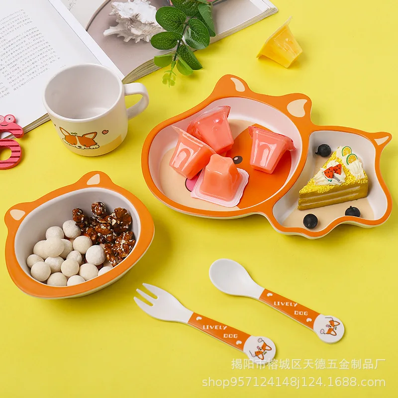 Five-Piece Suit Puppy Pattern Tableware Bamboo Plates For Food Baby Feeding Dishes Children Flat | Мать и ребенок