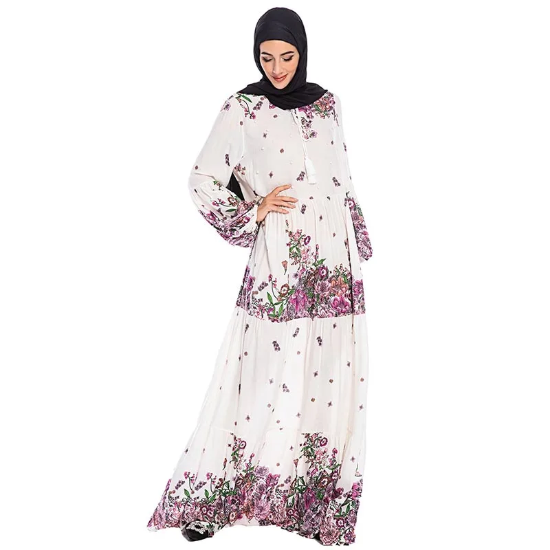 Женское мусульманское платье-кафтан абайя с цветным принтом и жемчужным