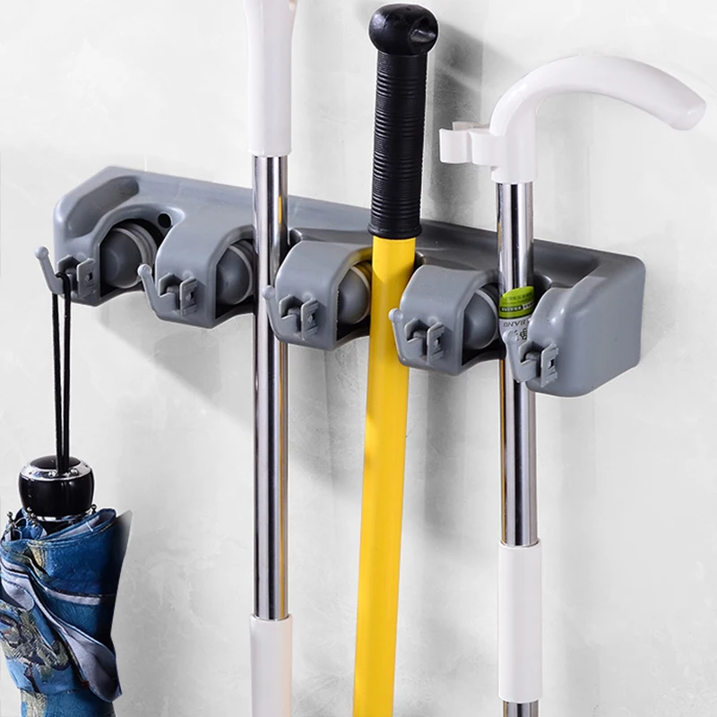 

Wall Mounted 4 Racks Mop Brush Broom Holder Hanger Organizer Storage Multi-Functional Magic Plastic Mop Holder Bathroom Storage