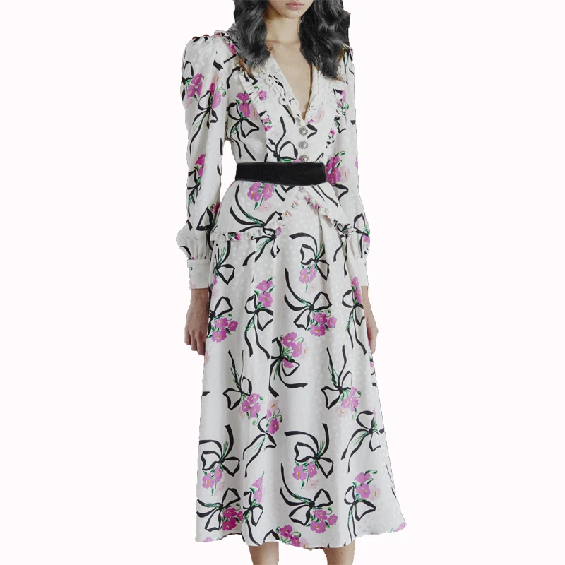 

High Quality Newest Nice Vogue Designer Runway Women's Elegant Turn-Down Collar Long Sleeve Bow Printed Belt Mid-Calf Dress