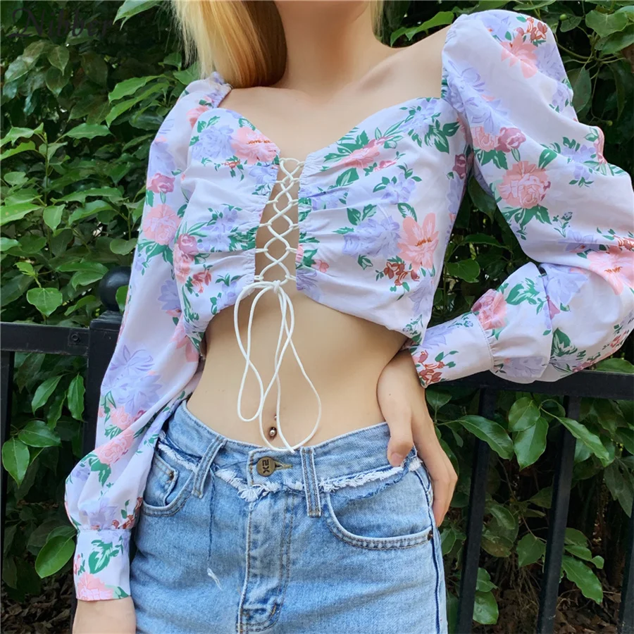 Nibber французский романтик Элегантный boho кроп Топы женские T-shirt2019 осень зима длинный рукав Богемия Низкий вырез повседневные футболки mujer