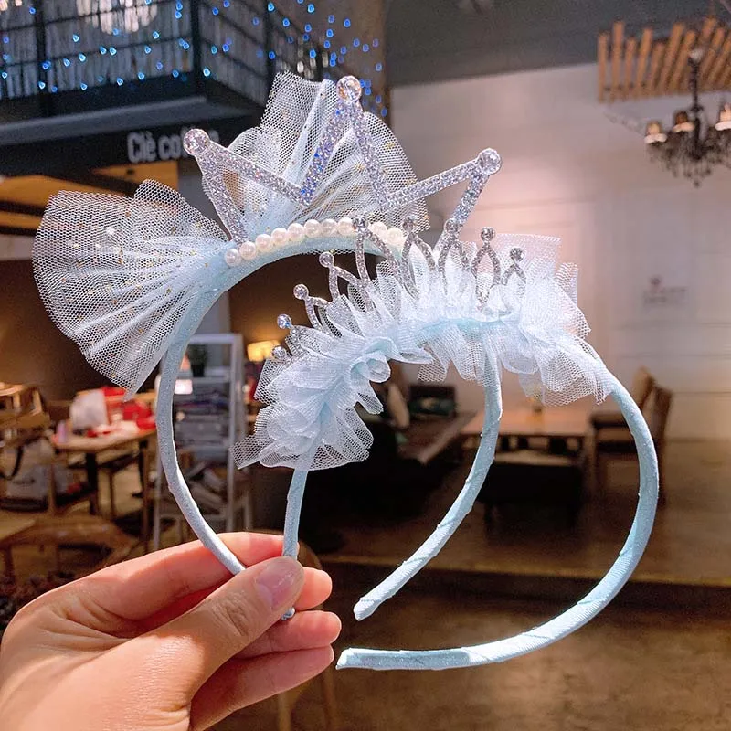 Children's Hairband Blue Ice And Snow Lace Headband Cute Princess Crown Headdress Bowknot Bright Diamond Pearl Hair Accessory (0)