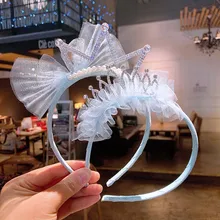 Children's Hairband Blue Ice And Snow Lace Headband Cute Princess Crown Headdress Bowknot Bright Diamond Pearl Hair Accessory (3)