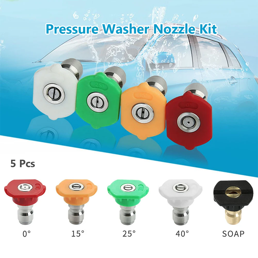 

5Pcs Pressure Washer Nozzle Tips Replacement 0, 15, 25, 40Degree 1 Soap Nozzle Tip 1/4'' Quick Connector Power Washer Attachment