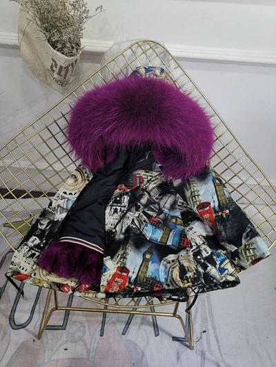 Gear Purple Fur Детская зимняя куртка с отделкой из меха, пальто для мальчиков и девочек утепленное пальто из меха кролика с граффити, Детская меховая куртка для девочек, TZ147 - Цвет: Gear Purple Fur