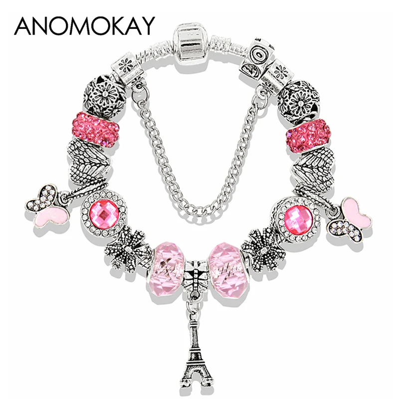 Европейский модный Парижский браслет с Эйфелевой башней и розовыми кристаллами