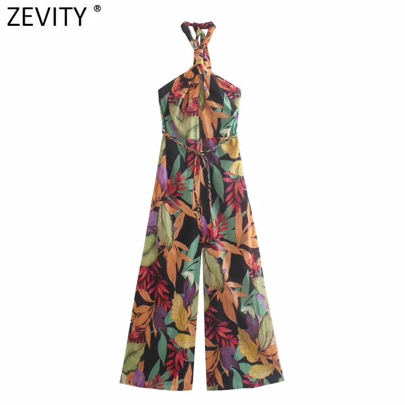 

Zevity 2021 Women Tropical Floral Print Wide Leg Pants Halter Jumpsuits Chic Lady Sexy Backless Side Zipper Casual Rompers P1134