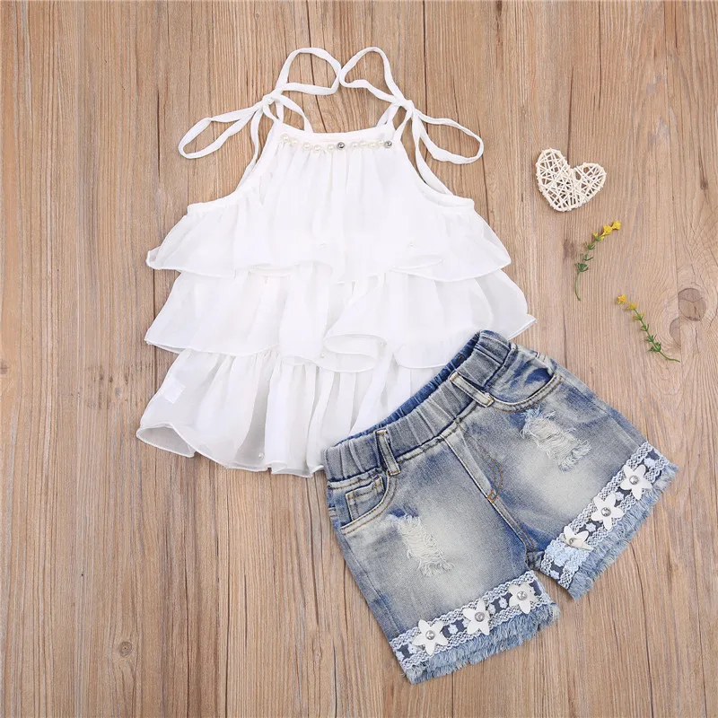 

Kids Girls Princess Clothing Summer Sleeveless Sling Ruffles Layered Vest Solid Color Pearl Flower Patchwork Denim Shorts Pants