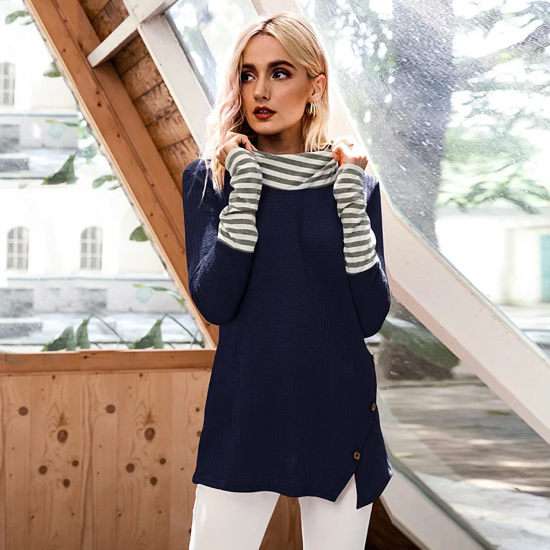 

2021 New Spring Summer Casaual Fashion Ladies Tops For Women Striped Stitching Irregular Buttons Pile Collar Ladies Blouse