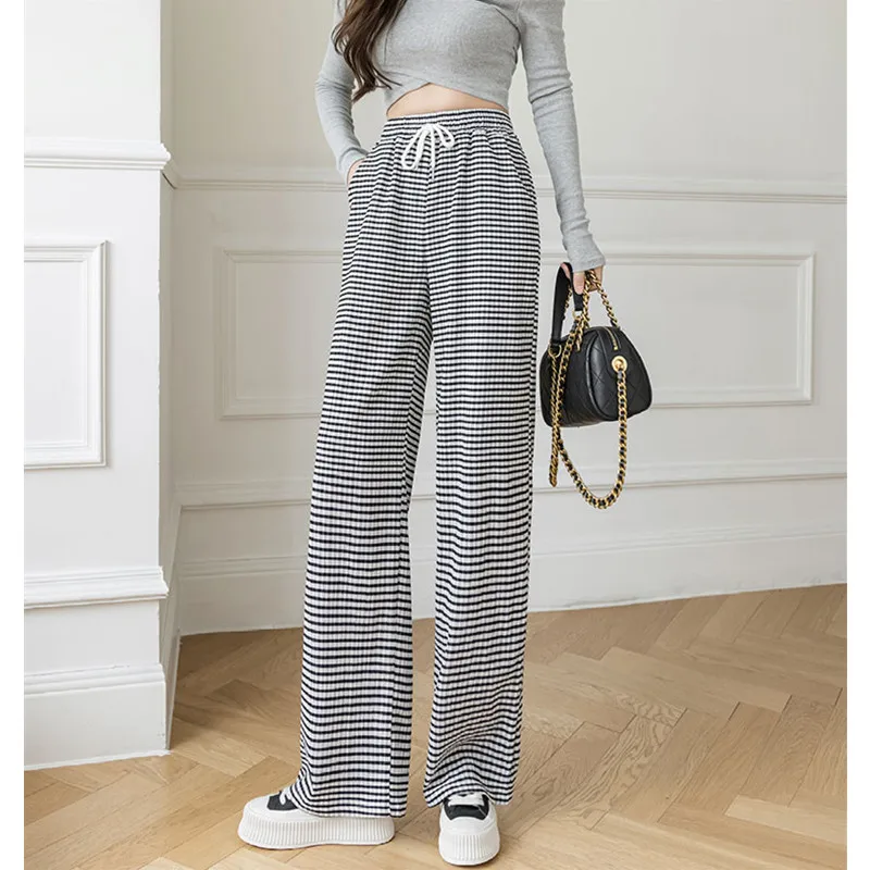 

2021 Thin lattice pants women's autumn loose casual drape high-waist casual pants fashion design sense straight wide-leg pants