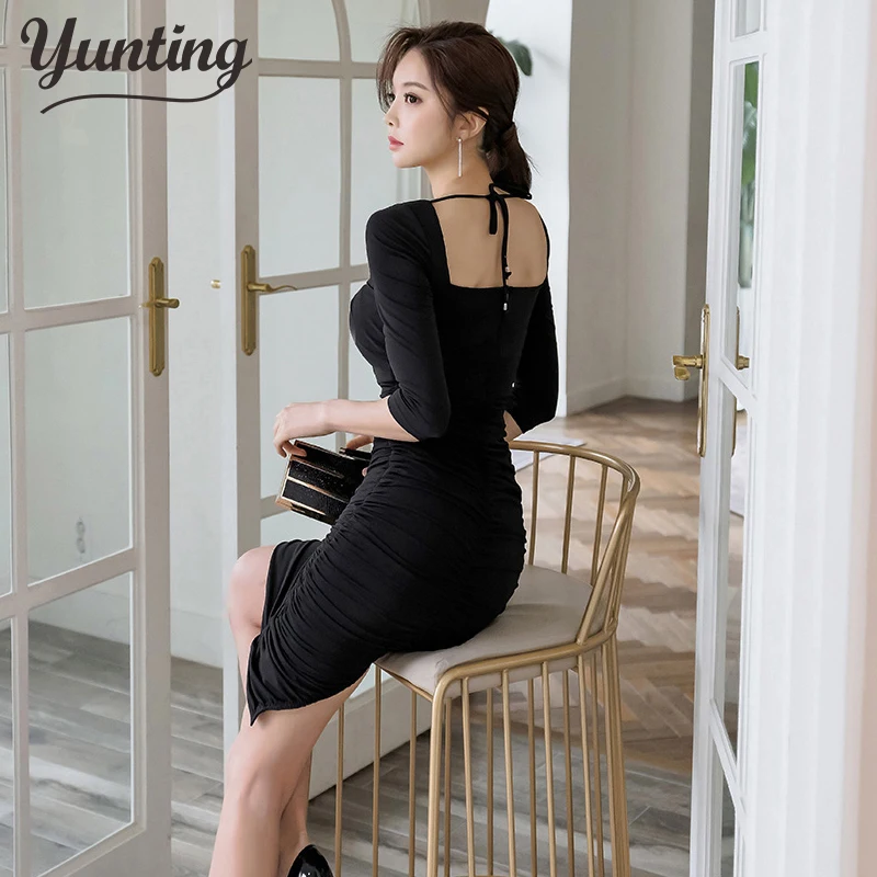 

Solid Color Square Collar Pencil Dress Women Black Casual Fashion Sheath Dresses Summer OL Fitted Bodycon Vestidos